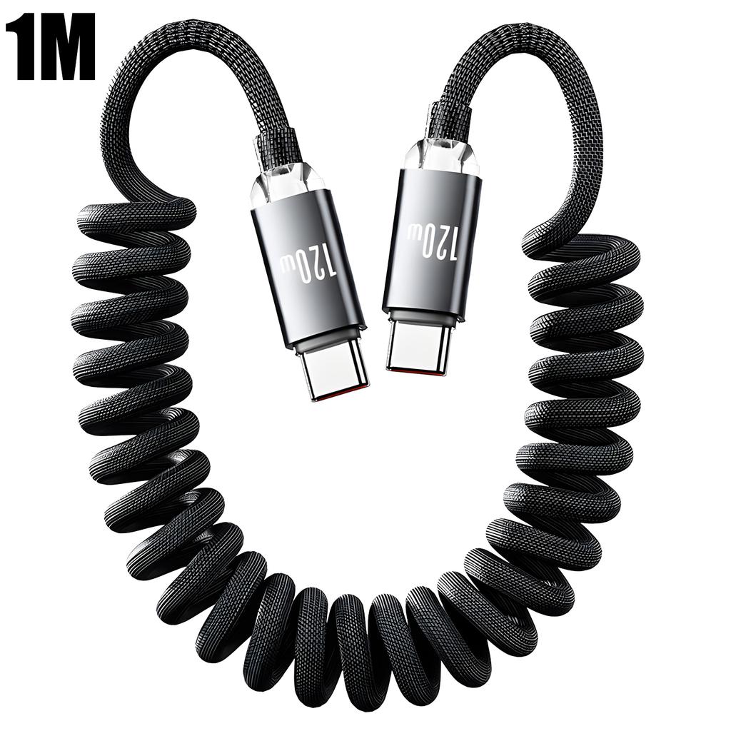 120W Car Spring Data Cable Retractable USB C To Type C Fast Charging Cable for Iphone 17 16 15 Samsung Dual Type C Cable 1m 2m