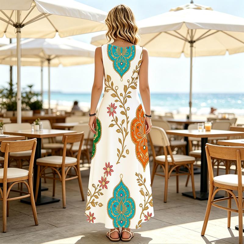 Women's Minimalist Floral Sleeveless Flowy Beach Maxi Dress,Lightweight Elegant Long Dress for Vacation & Daily Wear