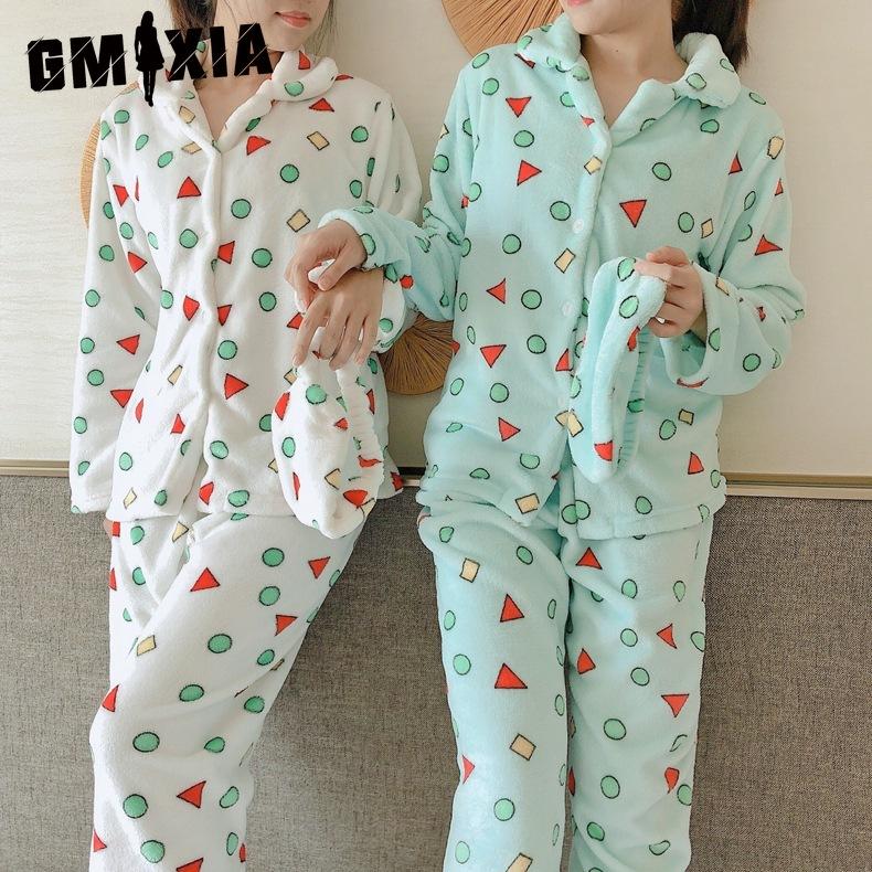 

GMXIA Flannel Cartoon Pajamas for Women, Winter Geometric Coral Fleece Home Wear, Autumn Thickened Set Female Style XXXL