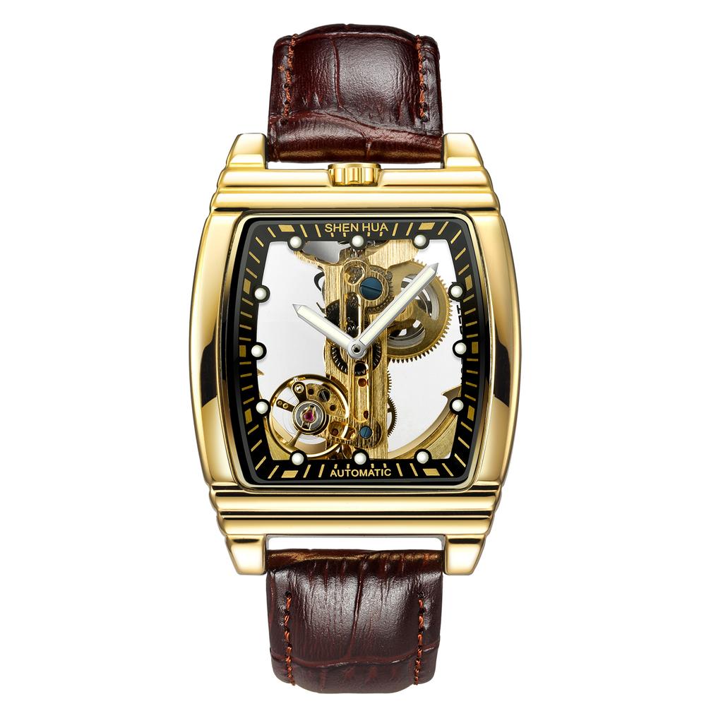 Reloj Mecánico Automático Transparente Hombre Steampunk Esqueleto Engranaje de Lujo Cuerda Automática Cuero Relojes de Hombre Montre Homme