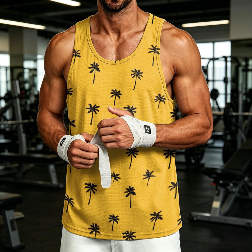 Men's Casual Hawaiian Print Outdoor Sports Tank Top Sleeveless Round Neck Summer Beachwear Lightweight Breathable Fabric