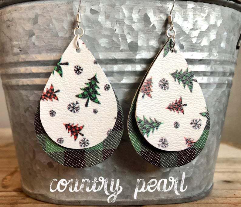 Red and Black Plaid Teardrop Christmas Tree PU Leather Earrings