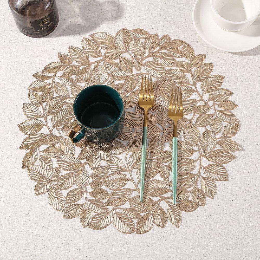 

38cm Hollow Elm Leaves Placemat Round Coasters New Insulation Place Mats Hotel Dining Table золотий