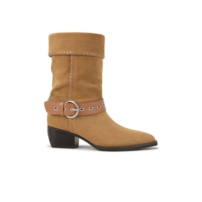 

[] Dunhuang Pile Boots~ Retro Buckle Thick Heel Knight Short Boots Women s Western Pile Boots 35 коричневый