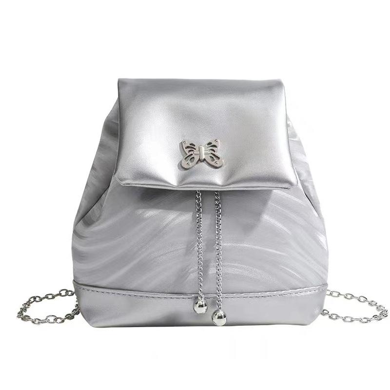 Chain Backpack, Sweet and Cool Girl, Matte Leather, High-end Silver Backpack Girl
