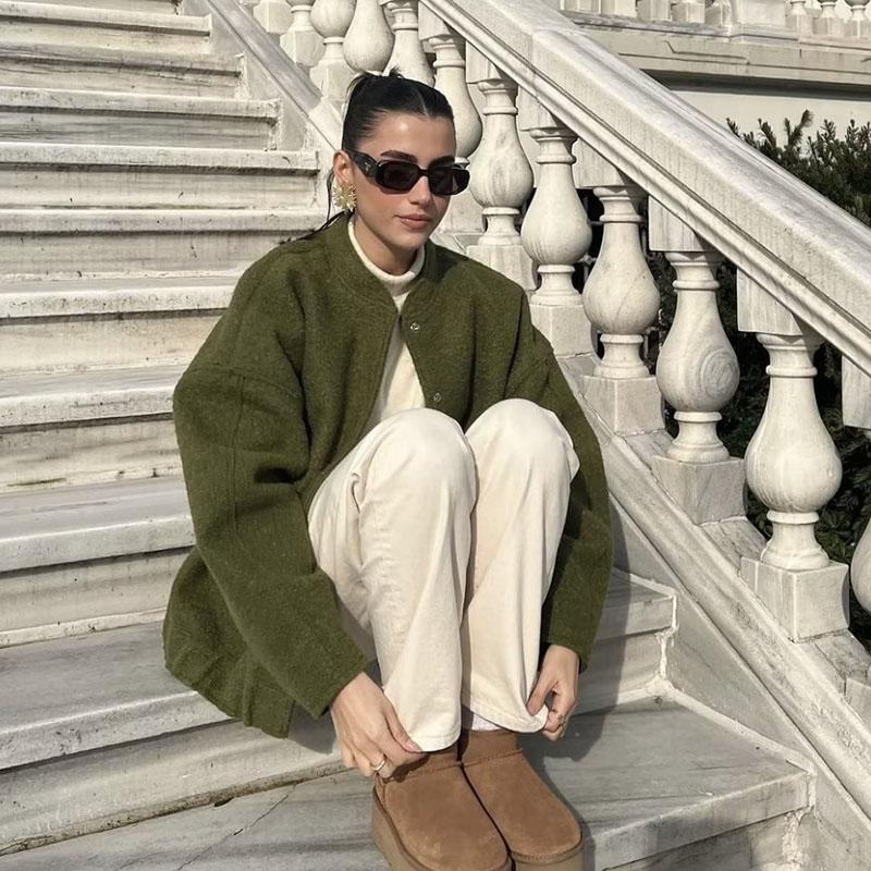 Women Fashion Vintage Pockets Woolen Jacket Autumn Casual Solid Long Sleeve Coat Snap Button Loose Outerwear