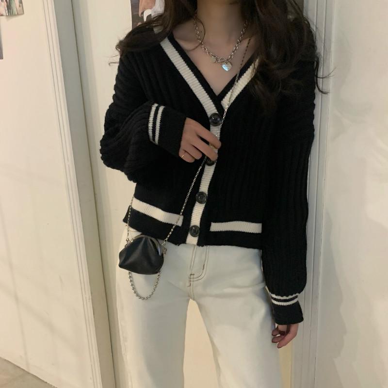 Early autumn new fashion loose and versatile V-neck contrast color long-sleeved knitted cardigan sweater top women's tide 6790#