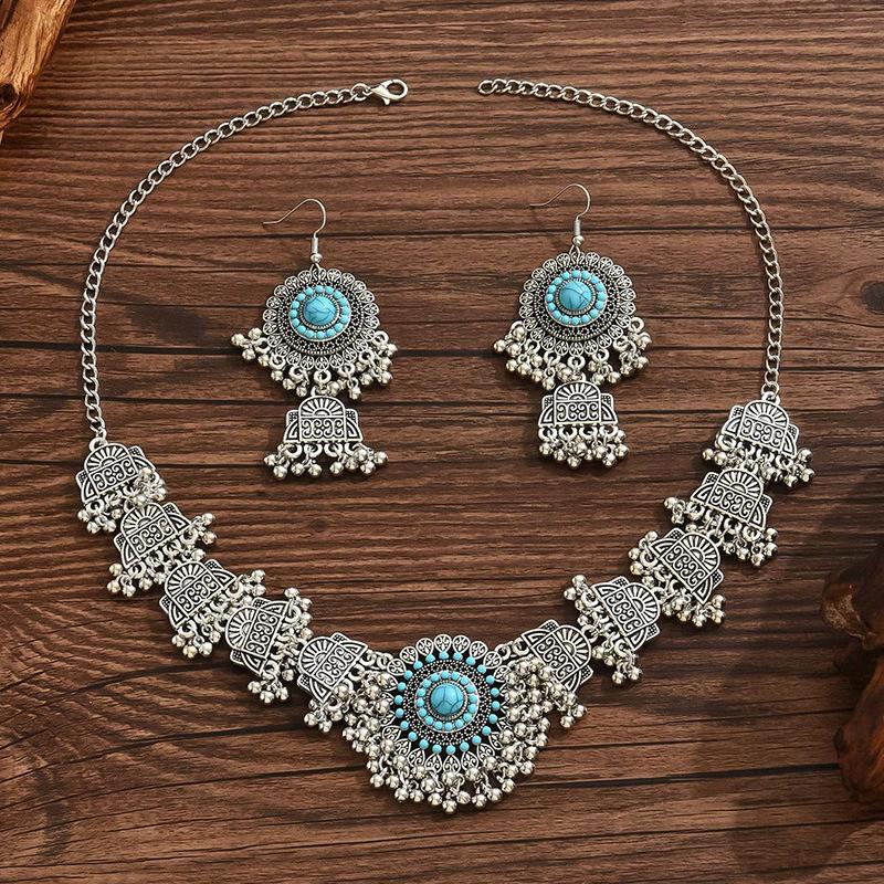 Fashion Gemstone Tassel Necklace Earrings Set for Women , Vintage Geometric Alloy Jewelry