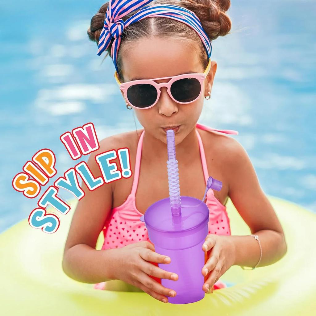 Neon Sipper Cups Reusable Spill-Proof Drinking Cups with Lids and Straws for Birthday Party Travel Xmas Juice Mug Water Bottle
