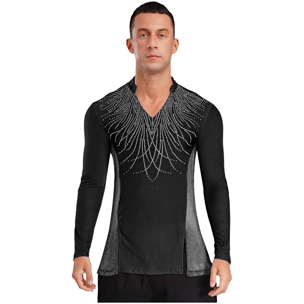 Pánské třpytivé kamínkové taneční top s límečkem do V, dlouhým rukávem, bočními síťovanými díly, patchworkem a rozparky, oblečení do tanečního sálu