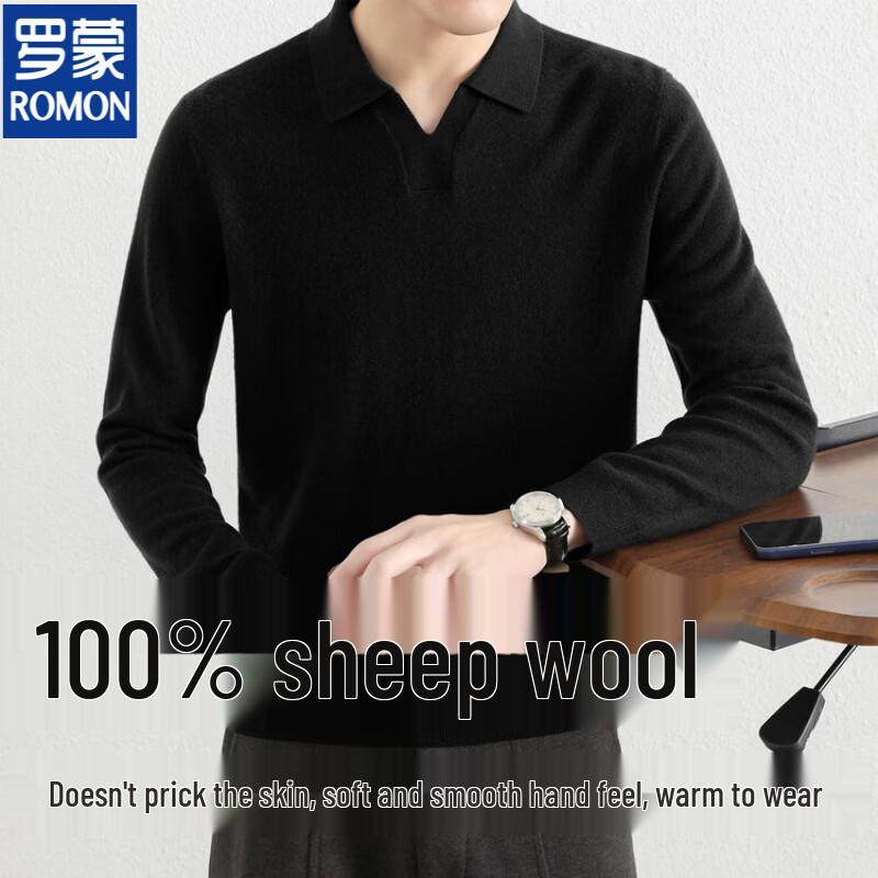 ROMON Men's Premium 100% Wool Collared Pullover Sweater