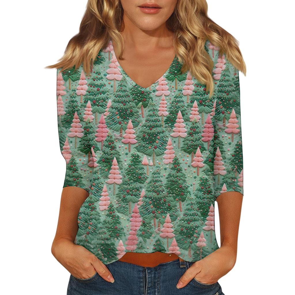 Women's Casual Fashionable Sexy Comfortable V-Neck Christmas Three-Quarter Sleeve Top