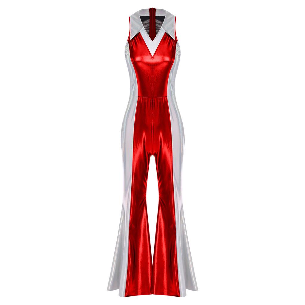 Womens Disco Jumpsuit 70s 80s Style Lapel V Neck Sleeveless Metallic Shiny Flared Pants Romper