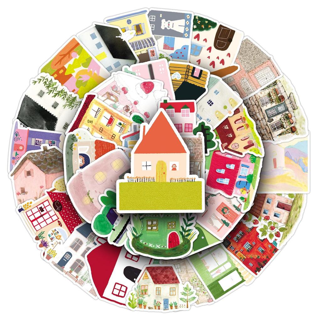 50 Cartoon Hand-drawn House Stickers: Cute Childlike Graffiti Buildings & Helmets for Phone Cases