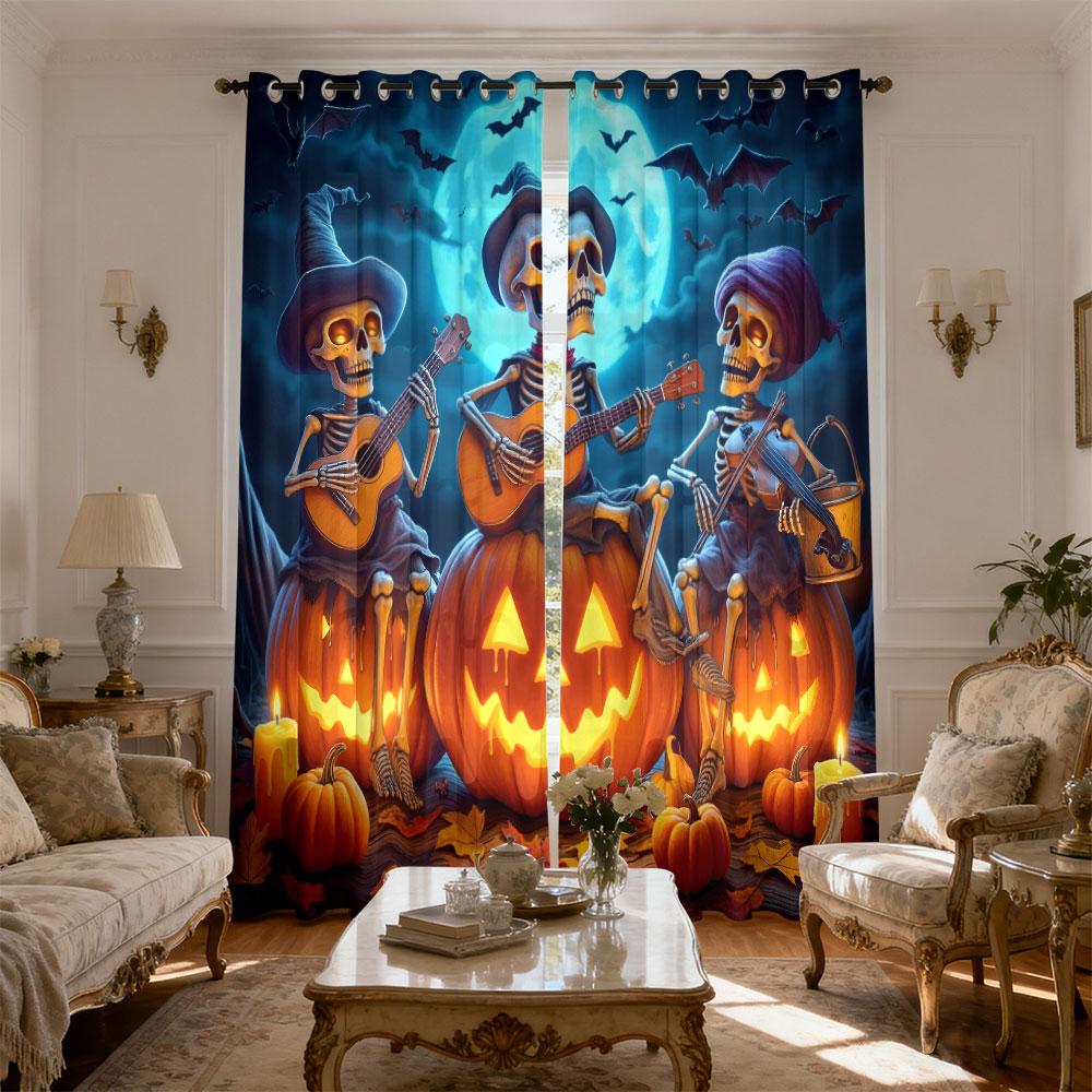 2pcs Halloween Skull Band Pumpkin Moonlight Curtains for Blocking Light in Bedrooms and Home Fashion Decoration