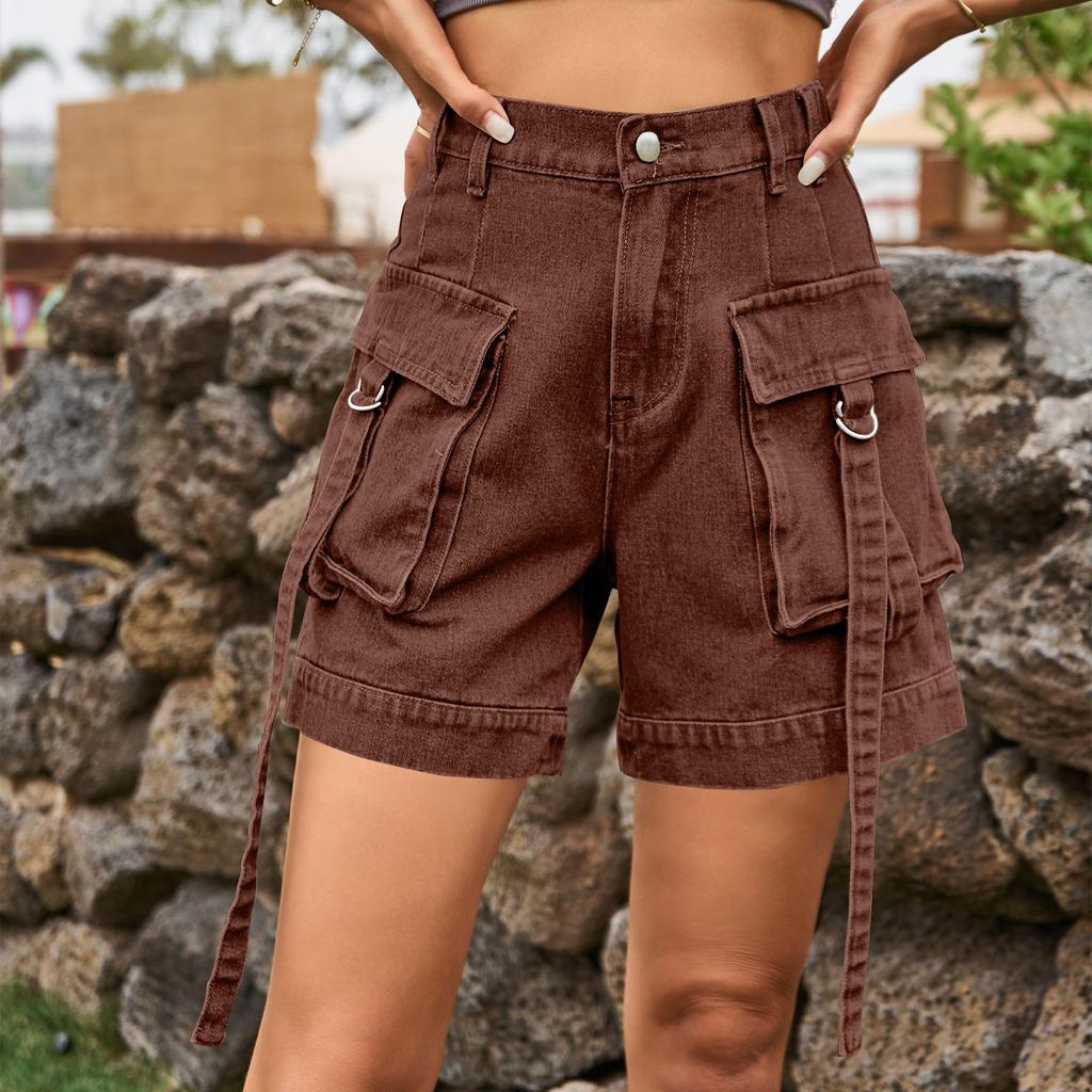 Damenmode Lässig Einfarbig Knopf Tasche Overall Denim Shorts Hose