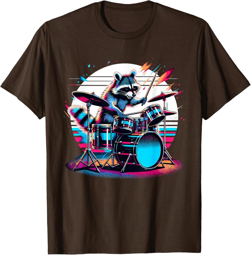Raccoon Drummer Musician Retro Graphic TShirt Breathable Casual Cotton Tee