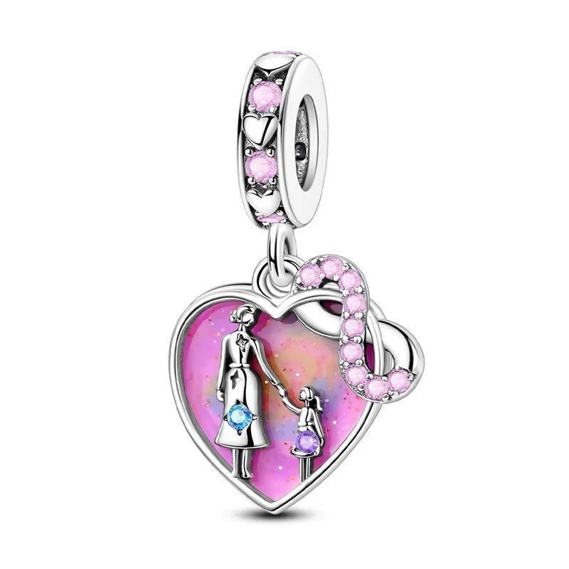 Sparkling Birthstone Charms Copper Heart Mom Key Pendant Bead Fit Original Necklace Bracelet Women Jewelry Diy Gift