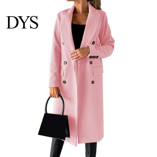 Lapel Collar Coat Women Woolen Jacket Turn-down Solid Color Double-breasted Mid Daily Wear Length Thermal Long Sleeved Commuting Dating Spring