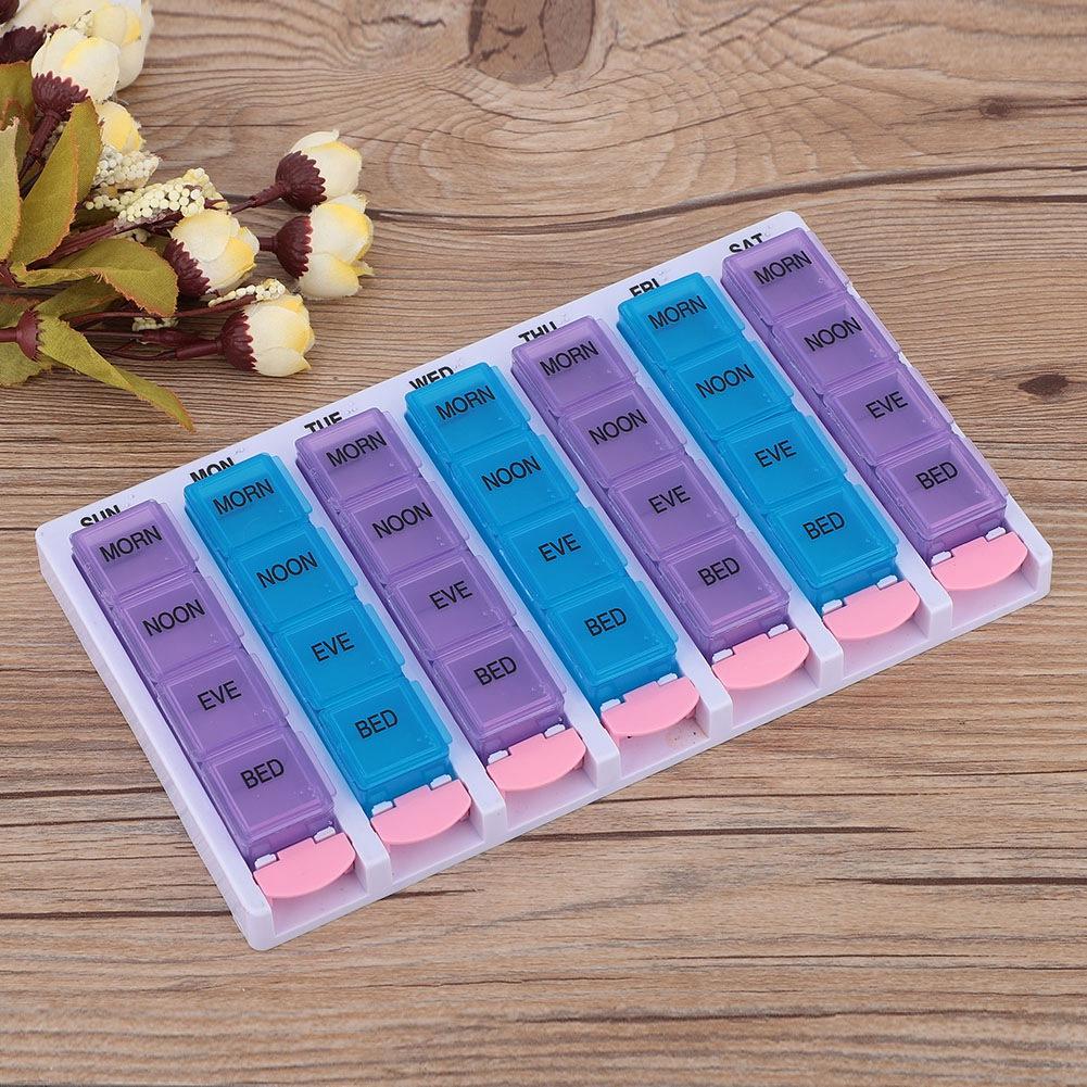 7 Days 4 Times a Day 28 Compartments Pill Box Medicine Organizer with Push Button (Blue Purple)