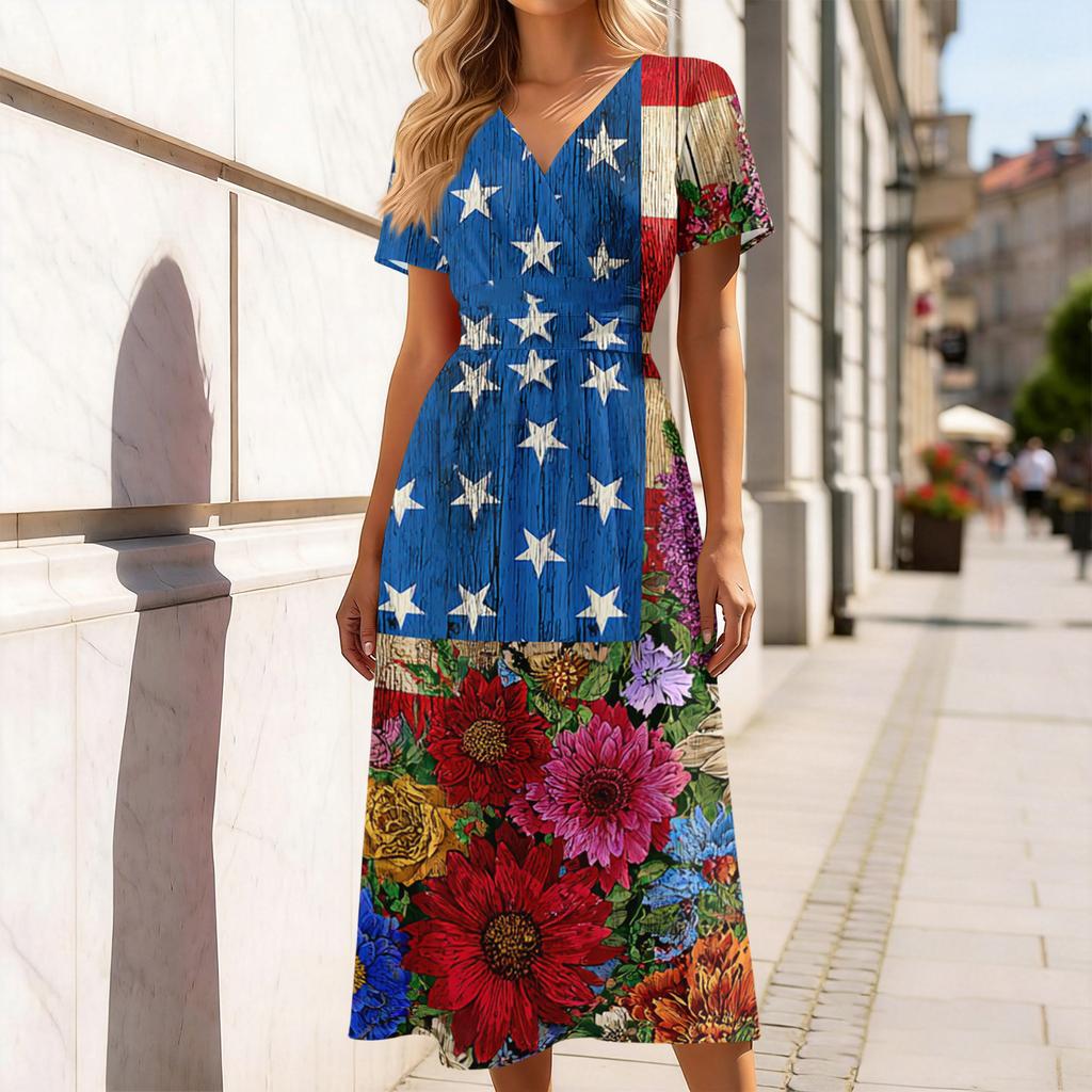 Women’s V Neck Short Sleeve Maxi Dress with Star and Floral Print 4th of July Dress Independence Day Dress Holiday Party Outfit