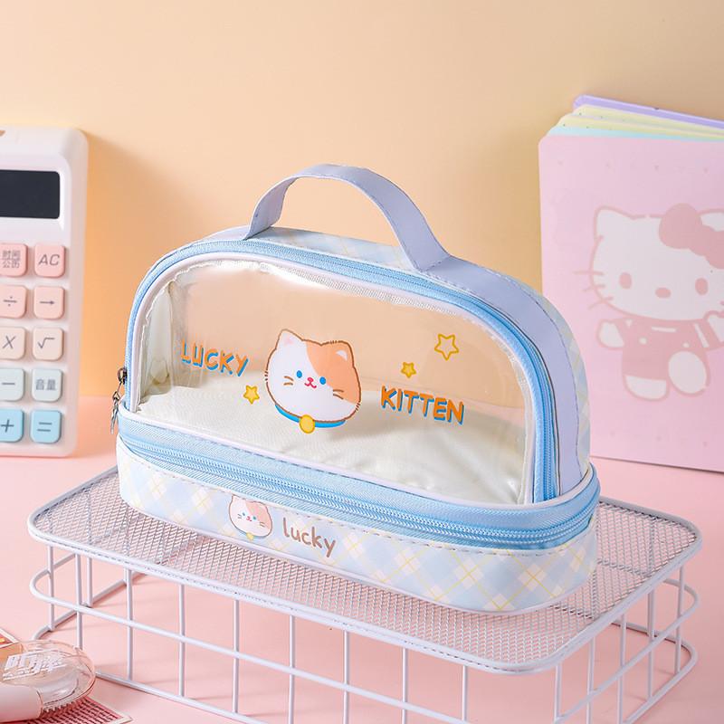 Cartoon Bunny Double Layer Transparent Pen Case With Storage For Students And Gift Use