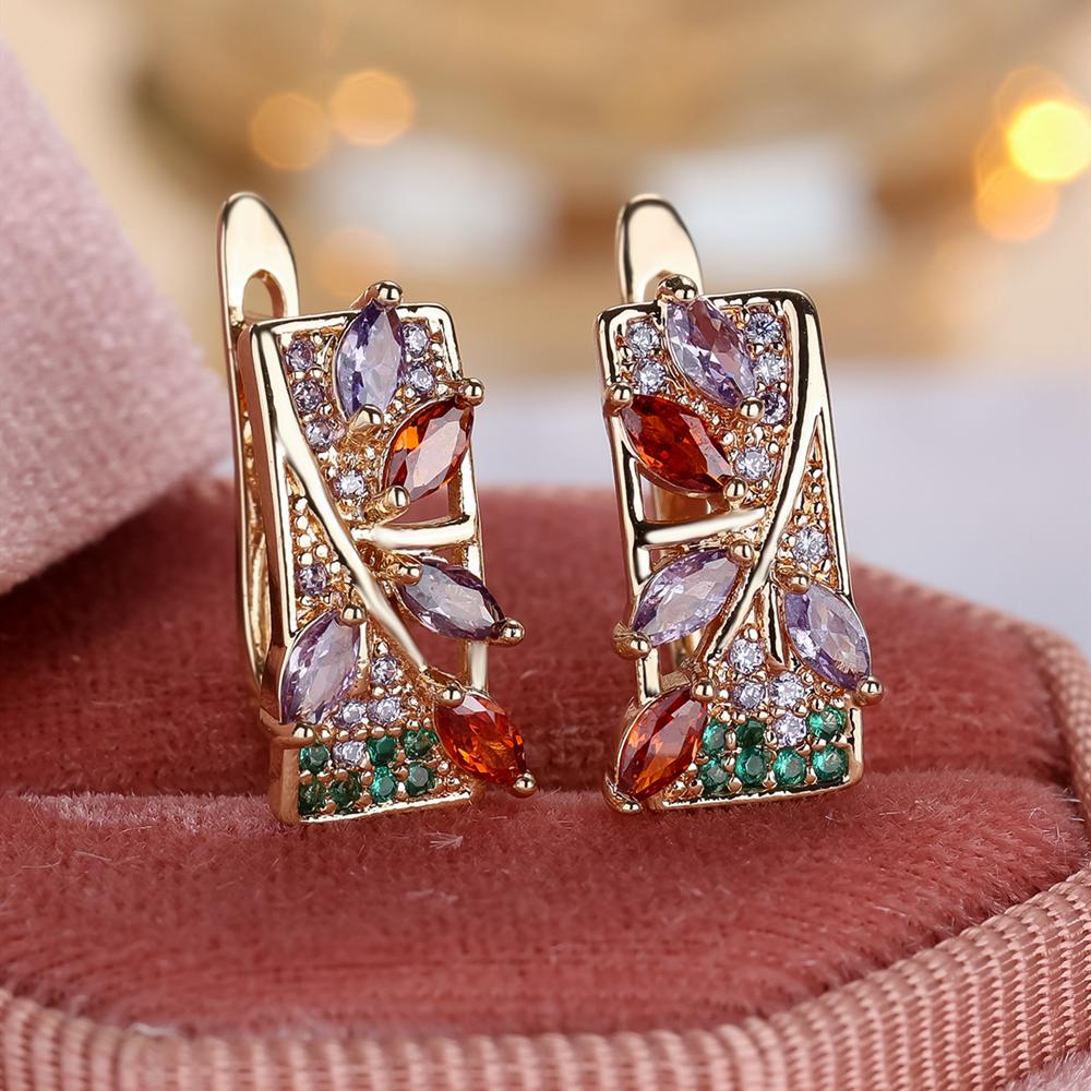 Delicate Colorful Cubic Zirconia Leaf Earrings for Women Vintage Gold Color Fine Jewelry Gift