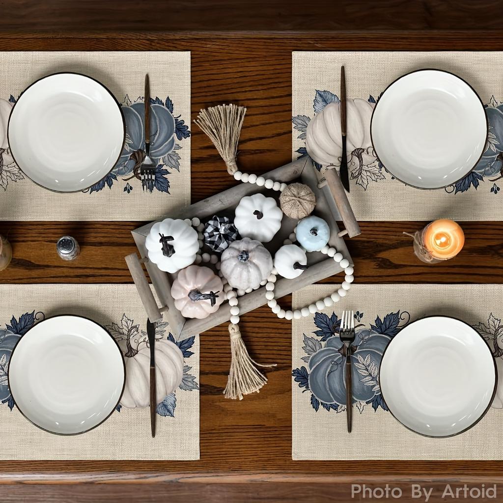 4pcs, Linen Navy Blue Pumpkins Fall Placemats Set of 4, 12x18 Inch Autumn Thanksgiving Watercolor Table Mats for Dining Party De