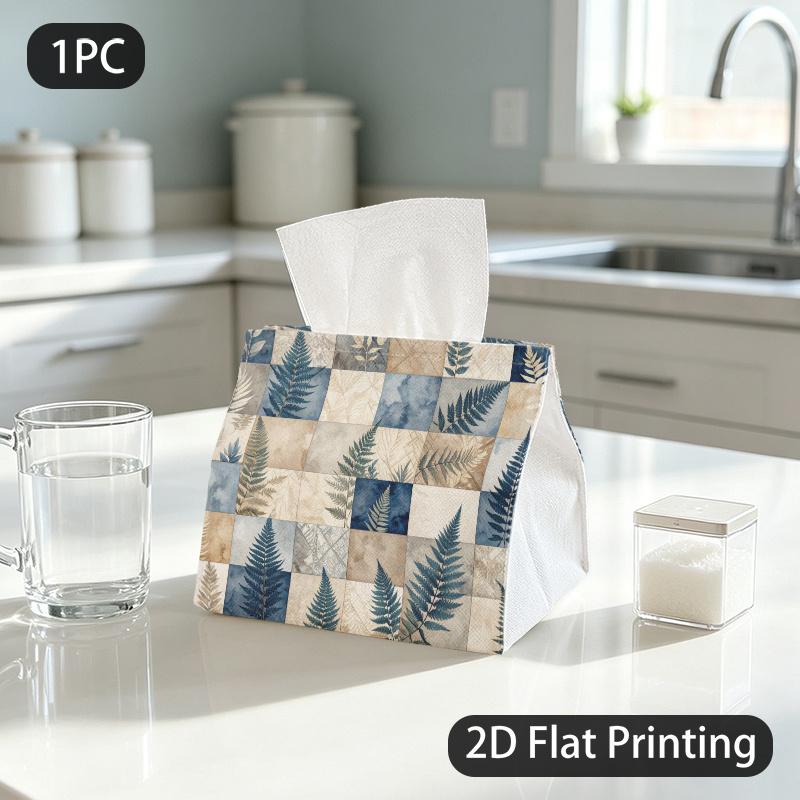 1pc Tissue Box, Watercolor Fern Serene Aesthetic Pattern, 2D Flat Printing, Crafted with Strong Polyester, Folds Flat, Tissue Bag, for Dining Table, 2