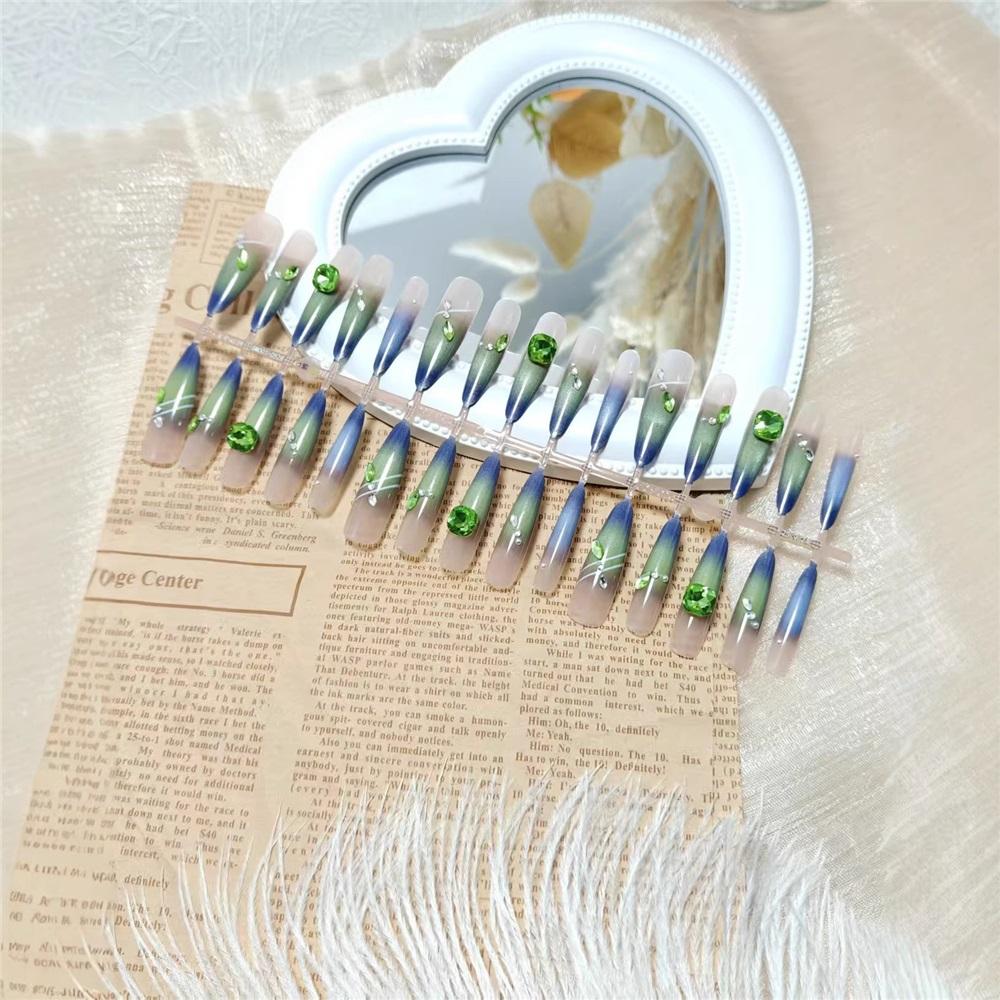 Gradient Cat Eye Emerald Diamond Wearable Manicure Cool Feeling Manicure Removable Premade Manicure 30 Pieces