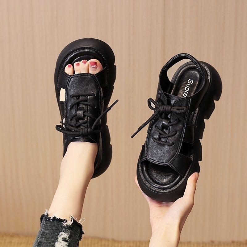 Roman sandals women's summer real soft leather new lace-up thick-soled fish mouth sandals wear muffin bottom flat-soled cool boots