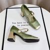 Guofeng High Heels Women's Thick Heel 2024 Large Size Color Matching with Cheongsam Square Head New Chinese Mary Jane Single Shoes Women's Middle Heel