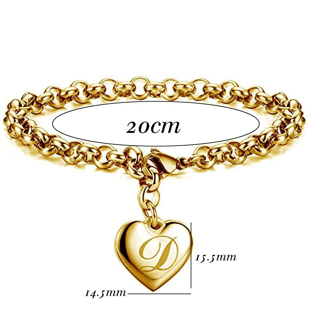 1 StückNeuer Goldfarbener Initialbuchstabe Herzanhänger Armbänder Für Frauen Edelstahl Gliederkettenarmband Mit 26 Buchstaben Graviert