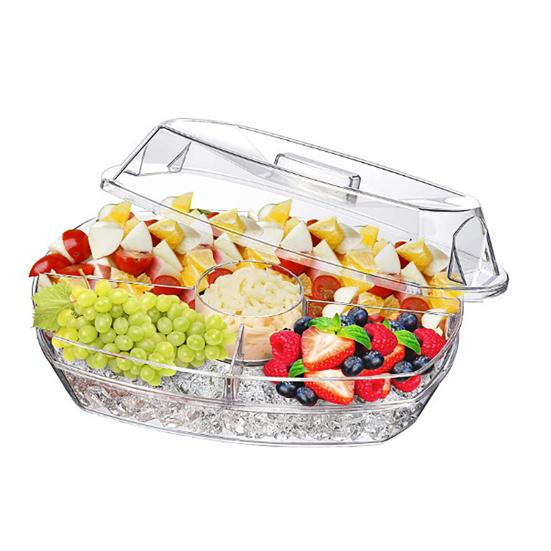 Salad Tray, with Transparent Dust Cover And Ice Trough, Detachable Serveware for Cooling Fruits Seafood Snacks Party