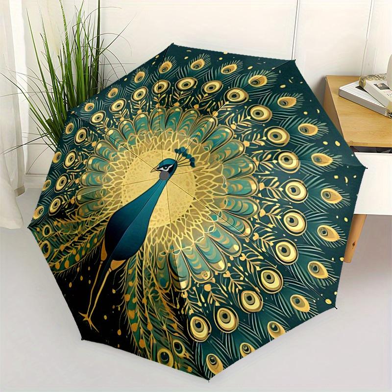 1pc Peacock Feather Auto Open/Close Umbrella Sturdy Iron Frame, Compact Travel UmbrellaIntricate Design Umbrella a0829055