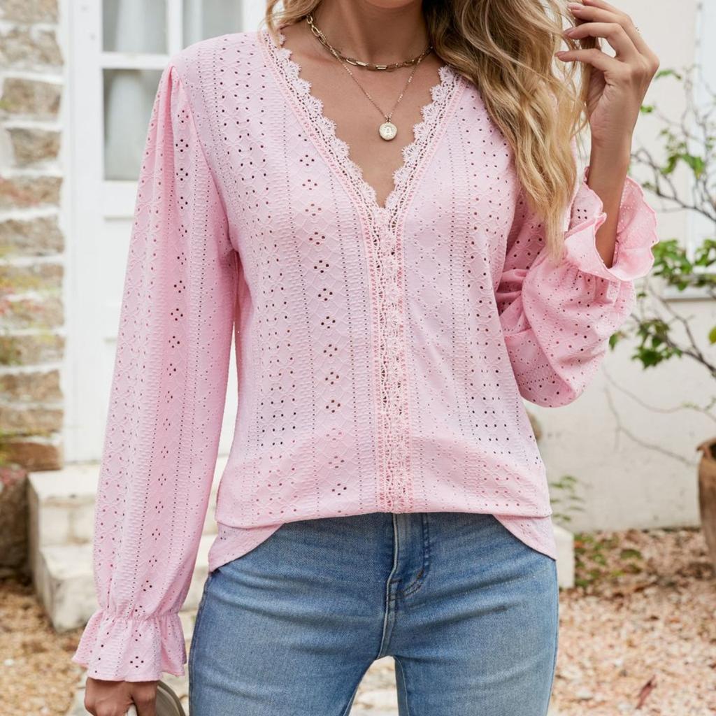 GMXIA Women's Fashion Casual Summer Spring Solid Color Print Long Sleeve V-Neck Loose Blouses & Shirts