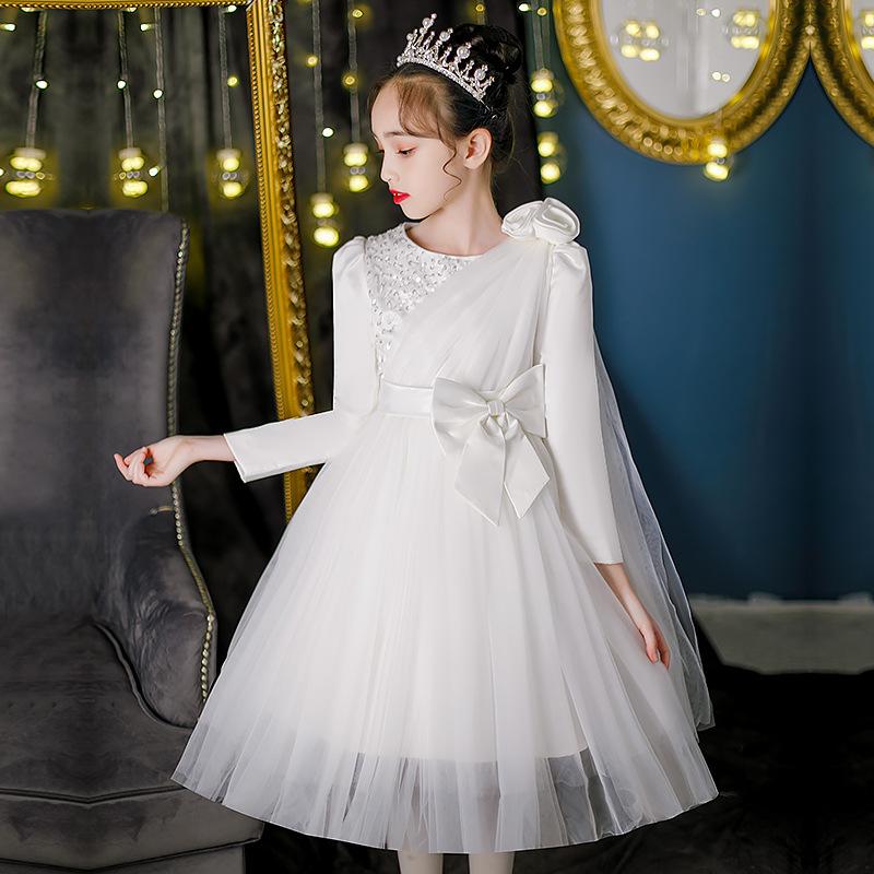 

Платье принцессы для девочек, элегантное, с бантом, пачка, свадебное, на день рождения, вечернее, с длинным рукавом 170cm белый
