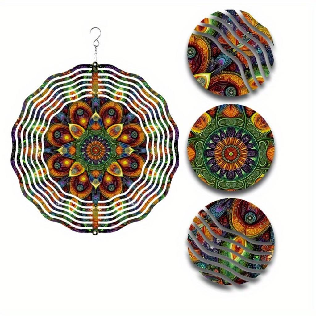 Bohemian Style Metal Wind Spinner 10 Inch Vibrant Garden Decor with 360 Swivel Hook Mandala Design for Patio Porch Yard Outdoor