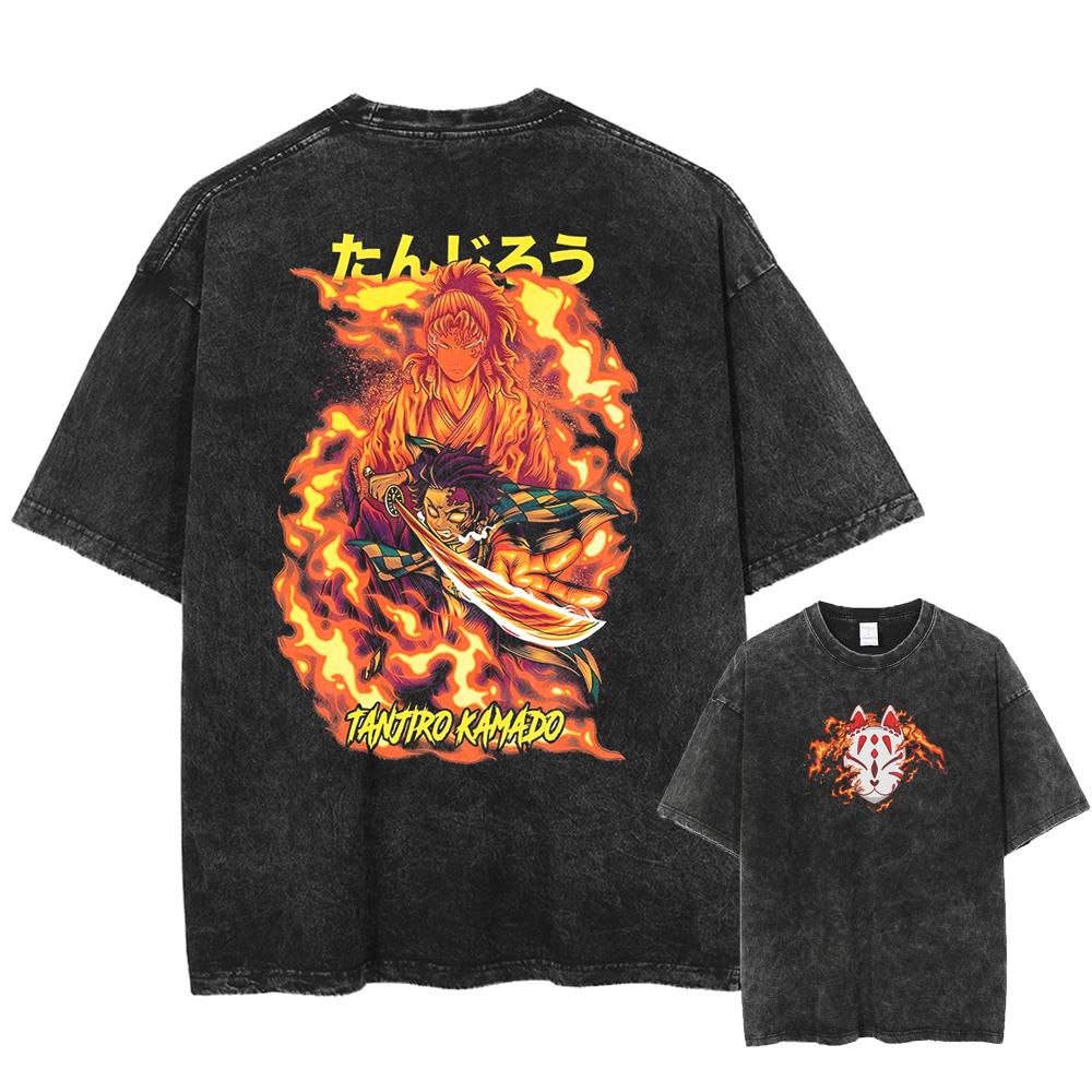 Men Streetwear Summer Rengoku Kyoujurou Top Tee Harajuku Anime Demon Slayer Printed T-shirt Vintage Washed Oversized Tshirt