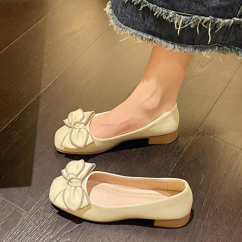 New Popular Fairy Style French Bow Beanie Shoes Women's Shallow Mouth Single Shoes Low Heel Shoes Ladyshoes Grandma Shoes