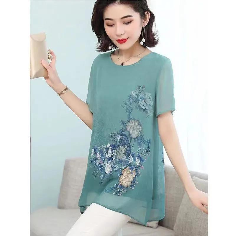 Women's Summer Short-sleeved Printed Chiffon Shirt Mid-length Simple Commuter Tops