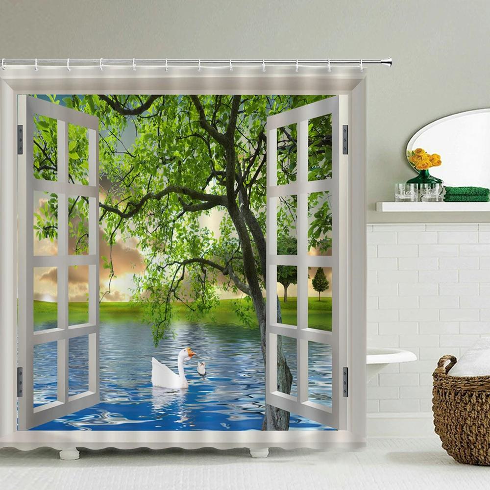 Bath Curtain 3d Printing Window Scenery Forest Shower Curtains 180*200cm Waterproof Bathroom Curtain Washable Fabric With Hooks