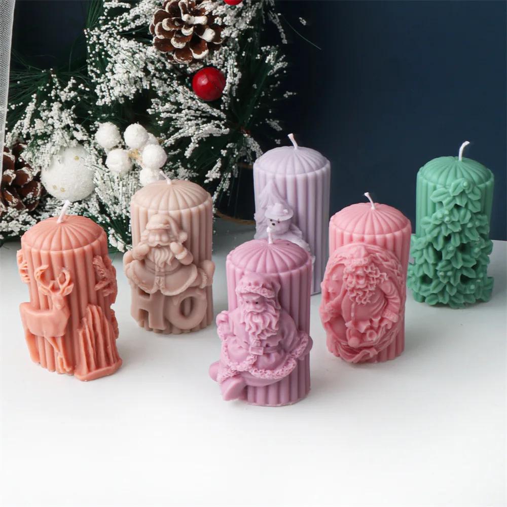 DIY Santa Claus Reindeer Cylindrical Candle Silicone Mold Hat Bear Christmas Tree Relief Cylindrical Candle Mold Christmas Gift