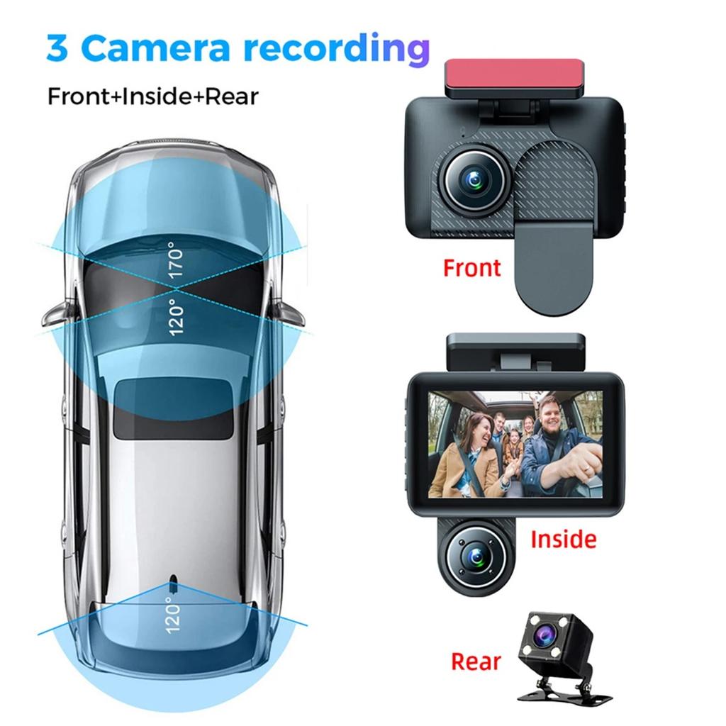 3-Kanal-Dashcam fürs Auto, Videorecorder, Full HD 1080P, Infrarot-Nachtsicht, DVR, Parkmonitor, G-Sensor, Auto-Blackbox, Dashcam