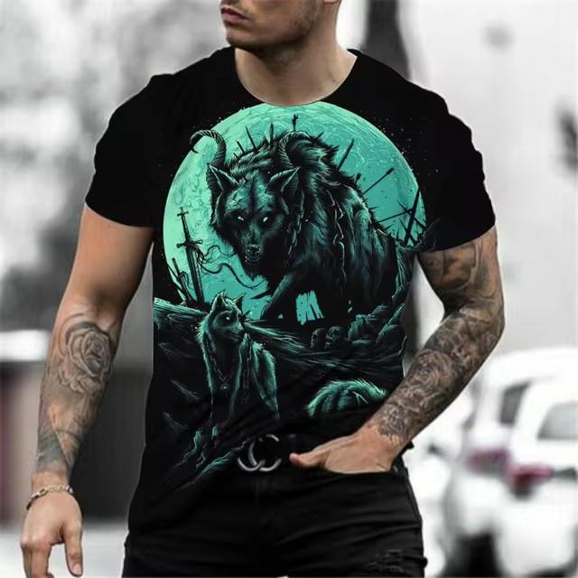 Summer Round Neck 3D Wolf Print Top Fashionable Casual Short Sleeved Men's T-shirts