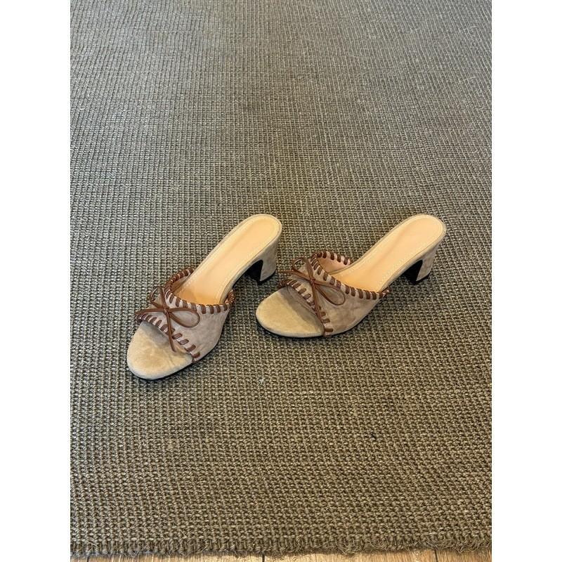 Retro bow high-heeled woven one-word cool slippers open-toed thick-heeled French temperament slippers outer wear