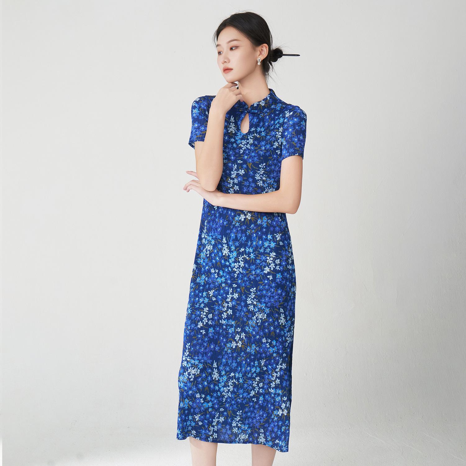 

Miyake Retro Elegant Print Stand Collar Mid-Length Qipao One Size синий