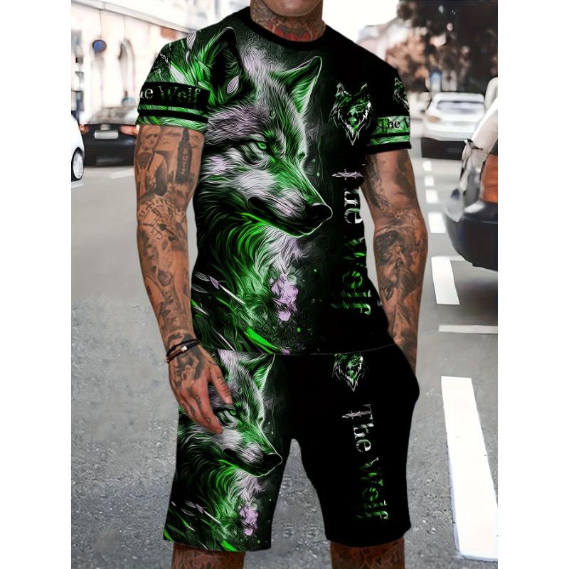 Summer Men's Sports Suit Wolf 3D Printed Short Sleeve T-Shirt and Shorts Set Casual Outfit