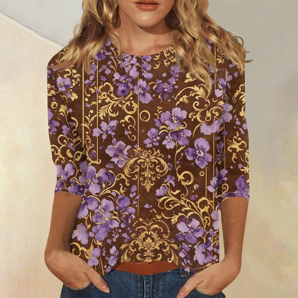 Women's Casual Three Quarter Sleeve Floral Print Crew Neck Top Relaxed Fit Lightweight Comfortable Blouse for Everyday Wear