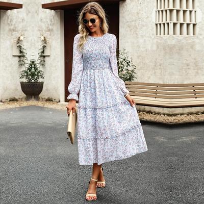 Women Autumn O Neck Lantern Sleeve High Waist Pleated Elegant Long Printed Dress